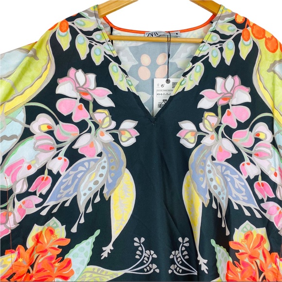 Zara RARE Multicolored Floral Printed Asian Satin Kimono Kaftan Scarf Midi Dress - Picture 11 of 15
